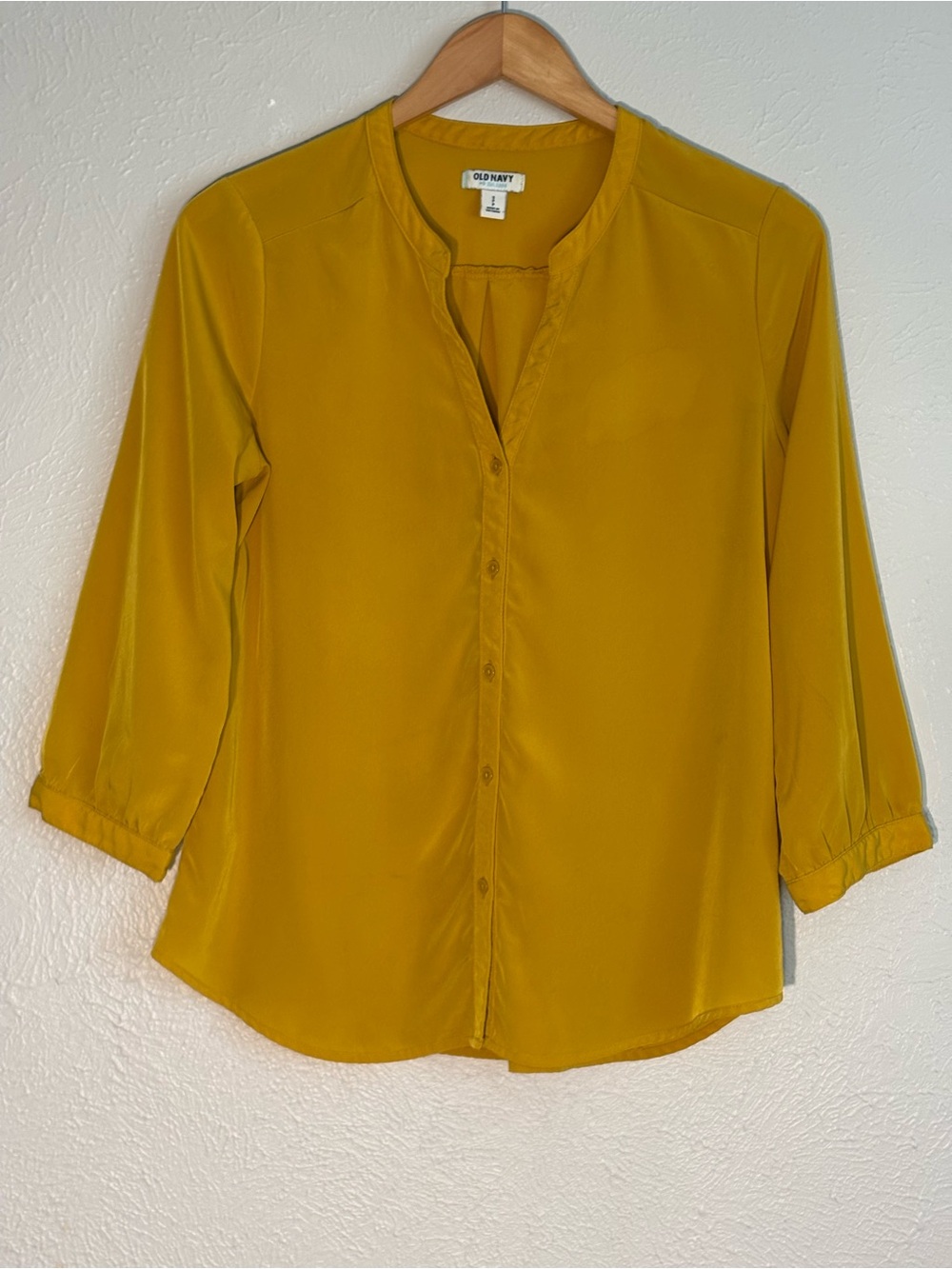 Old Navy Mustard Yellow Button-Down V-Neck 3/4 Sleeve Blouse, Sz-M